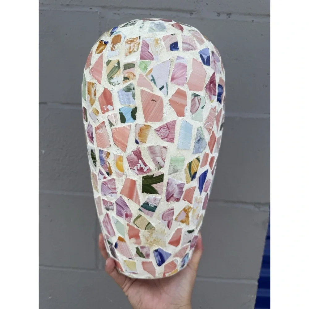 Stone Vase with Pink Multicolor Mosaic Ceramic Pieces Design World Bazaars Inc